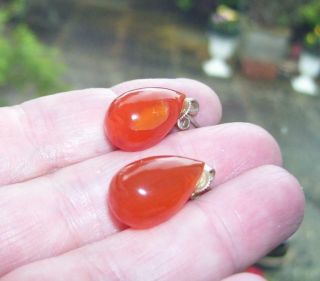 Fine Antique Victorian Smooth Polished Pear Drop Carnelian Agate Silver Earrings