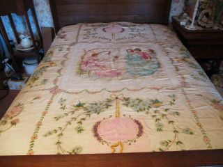 Gorgeous Antique Hand Painted Silk Bedspread W Cherub Needle Lace Inserts - Full
