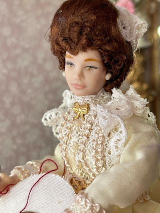 Vintage Miniature Dollhouse Doll Victorian Woman Lady Artisan Porcelain Silk