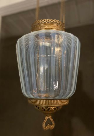 Antique 1890’s Victorian B&h Hanging Oil Lamp Hall Pendant Blue Opalescent Shade
