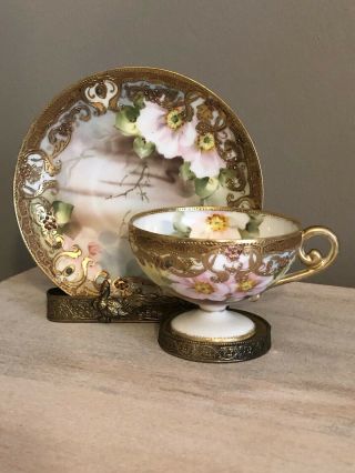Nippon Morimura Bros Antique Pedestal Tea Cup Saucer Roses Heavy Gold Beaded