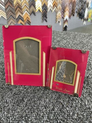 2 - Art Deco Reverse Painted Picture Frames 1930s Easel Back “ With Love”