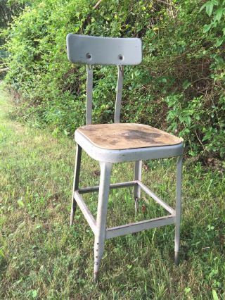 Vtg Industrial Lyon Stool Chair Pressed Dove Gray Wood Steel Adjustable Height