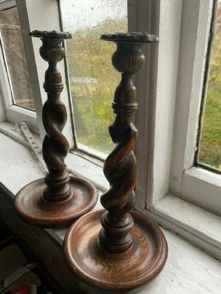 Antique 19c Oak Barley Twist Candlesticks With Brass Candle Holders
