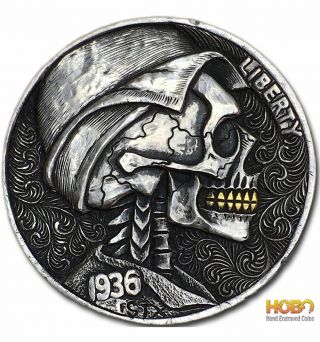 Hobo Nickel Coin 1936 Buffalo " Smile " 24k Gold Hand Engraved Stephenxu