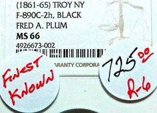Finest Known - Very Scarce - Troy N.  Y.  " Fred A.  Plum " - 890c - 2h - Ngc Ms - 66