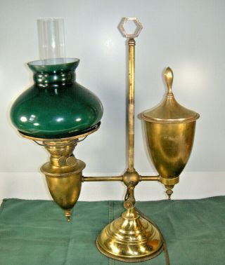 Antique Edwardian Era Brass Old Emerald Green Glass Shade Student Lamp