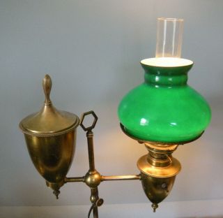 Antique EDWARDIAN Era BRASS Old EMERALD GREEN GLASS Shade STUDENT LAMP 2