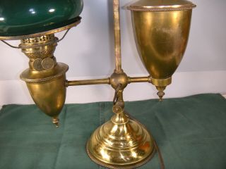 Antique EDWARDIAN Era BRASS Old EMERALD GREEN GLASS Shade STUDENT LAMP 3