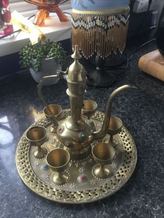 Patterned Middle Eastern Or Indian Drinks Set Brass Tray,  6 Cups And Tea Pot