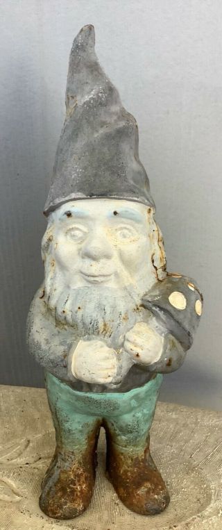 Vintage Cast Iron Garden Gnome Holding Mushroom,  Heavy Doorstop/yard Art,  Great