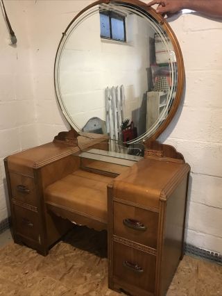 Antique Art Deco Waterfall Bedroom Dressing Makeup Vanity With Mirror
