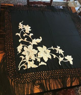 Vtg Silk Embroidered Piano Shawl,  Black W/ivory Flowers,  44 " Sq,  26 " Fringe