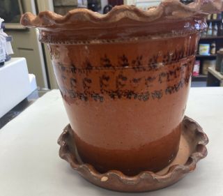 Antique S.  E.  Pennsylvania Scalloped Glazed Redware Flower Pot Stoneware Crock