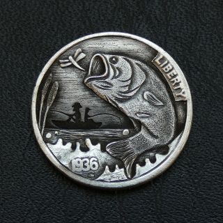 Hobo Nickel Father And Son Fishing Hand Engraved Carved 1936 Buffalo Coin