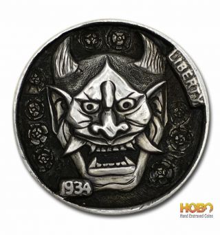 Hobo Nickel Coin 1934 Buffalo " Hannya " Hand Engraved By Zhang Yu