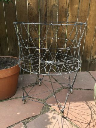 Vtg Allied Metal Wire Standing Collapsible Folding Laundry Basket Antique 2