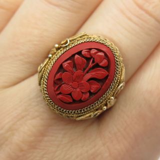Rare Antique China Silver Gold - Plated Carved Cinnabar Filigree Adjustable Ring