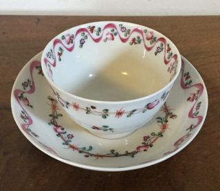 Antique English Hall Porcelain Tea Cup Bowl & Saucer 18th C.  Sprig Flowers