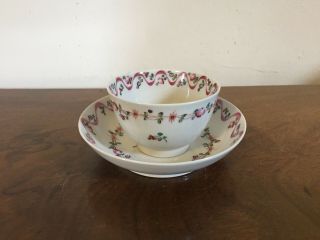 Antique English Hall Porcelain Tea Cup Bowl & Saucer 18th c.  Sprig Flowers 2