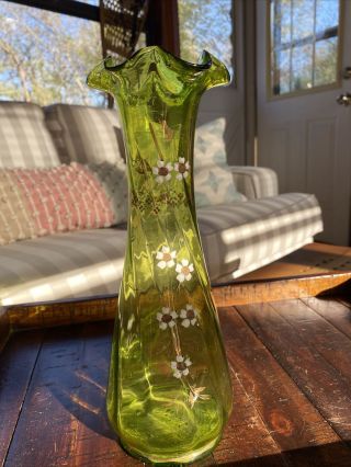 Old Antique Green Yellow Art Glass Enameled Hand Painted Vase Blown Glass Floral