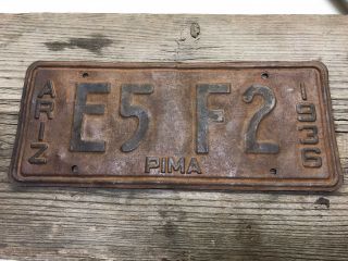Antique 1936 Arizona License Plate E5 F2 Pima