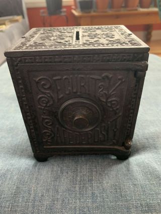 Antique 1880’s Security Safe Deposit Cast Iron Toy Treasure Coin Bank Exc.  Cond.