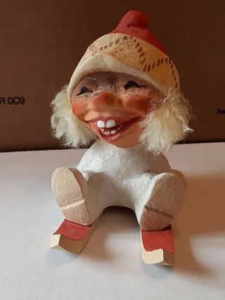 Vintage 4” Henning Norway Carved Wood Troll Gnome Skier Winter
