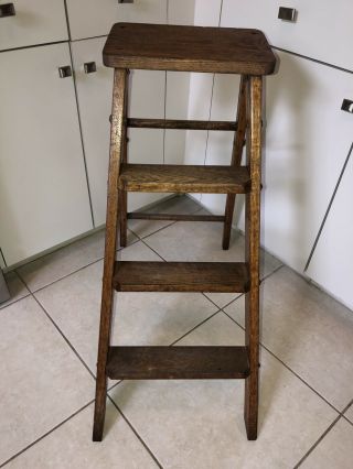Antique Vintage 30” Three Step 3/4” Solid Oak Folding Loft Library Ladder
