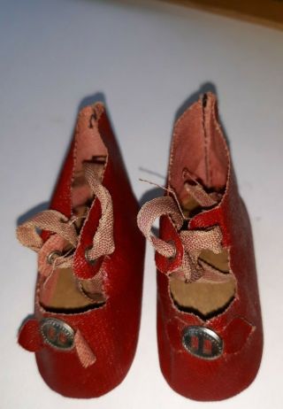 Vintage Red Doll Shoes 2.  25 " For Antique Doll With Buckles And Ties