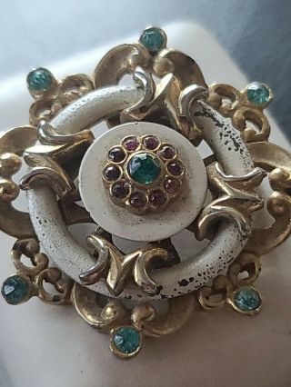 Vtg Antique Estate Brooch Pin Gold Tone Pink & Turquoise Stone Heavy Metal