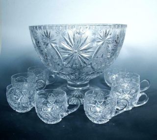 Brilliant Cut Glass Footed Punch Bowl Set (8) Cups Fine Lead Crystal Minty