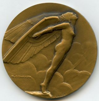 France Aviation Winged Nude Woman Bronze Art Deco Boxed Medal By Contaux