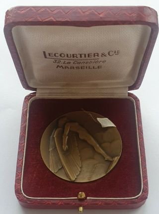 FRANCE AVIATION WINGED NUDE WOMAN BRONZE ART DECO BOXED MEDAL BY CONTAUX 2