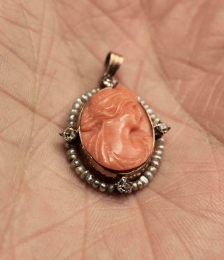 Antique Petite 10k Yellow Gold Carved Coral Cameo Seed Pearl And Diamond Pendant