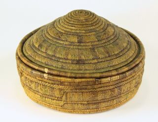= Antique African Kuba Tribe Congo Tight - Weave Coiled Lidded Basket Green Purple