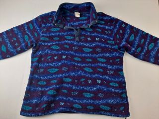 Vintage Ll Bean Women L Purple Blue T Snap Fleece Sweatshirt Jacket Geometric B3