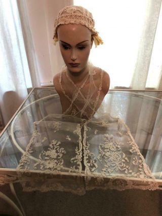 Exquisite Rare Antique Belgian Brussels Princess Net Lace Lappet Scarf Veil