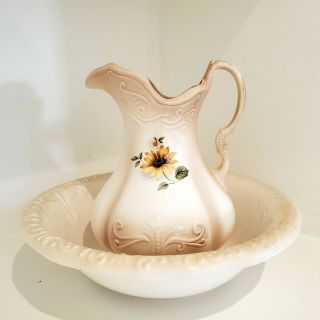 Antique Ironstone Wash Basin And Pitcher Cream & Brown With Yellow Daisy Design