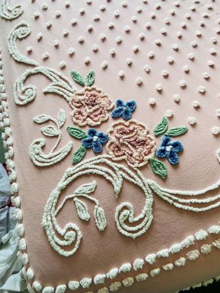 Vintage Cabin Crafts Needle Tuft Chenille Full Size Bedspread Floral Pink
