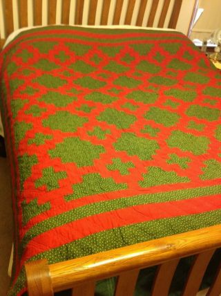 Vintage Hand Stitched Cotton Patchwork Quilt Red Green Prints Triple Rows 74x74
