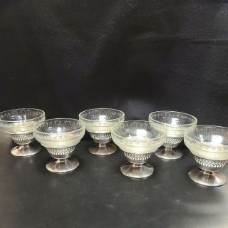 Set Of 6 Sterling Silver Cups & Etched Glass Liners Sherbet Desserts