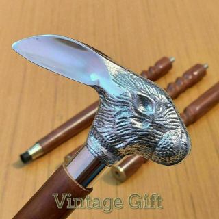 Vintage Designer Rabbit Head Handle Wooden Walking Stick Antique Style Cane Gift