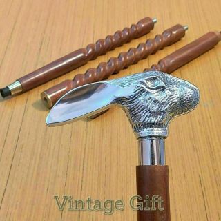 Vintage Designer Rabbit Head Handle Wooden Walking Stick Antique Style Cane Gift 2
