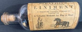 Antique 19th Century Stratton’s Liniment Bottle With Paper Label