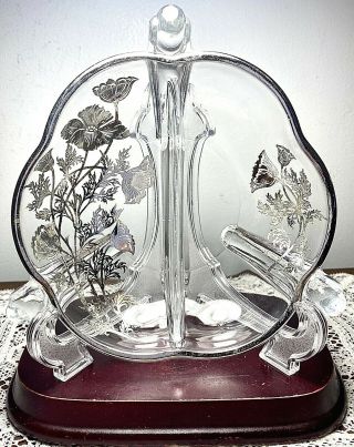 Silver City Flanders Poppy Sterling Silver Overlay Crystal 3 Handle Divided Bowl 3