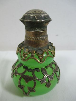 Antique French Green Opaline Glass Scent Perfume Bottle Brass Silver Overlay