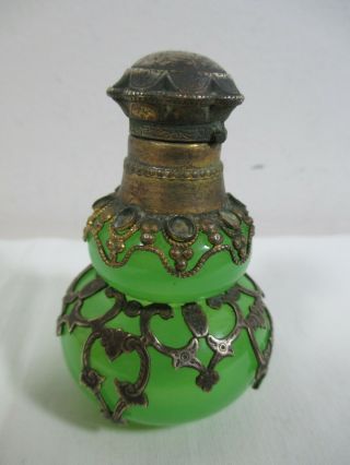Antique French Green Opaline Glass Scent Perfume Bottle Brass Silver Overlay 3