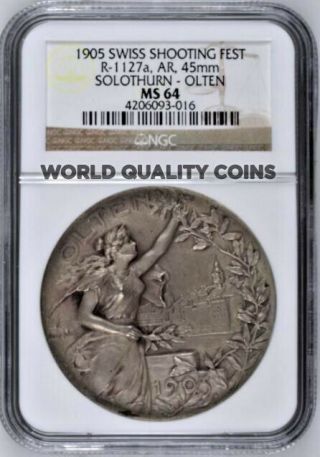 Swiss 1905 Silver Shooting Medal Solothurn Olten R - 1127a Switzerland Ngc Ms64