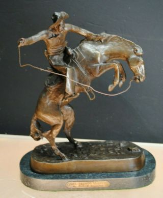 Antique Signed Frederick Cooper Solid Bronze " The Bronco Buster " Statue Cowboy